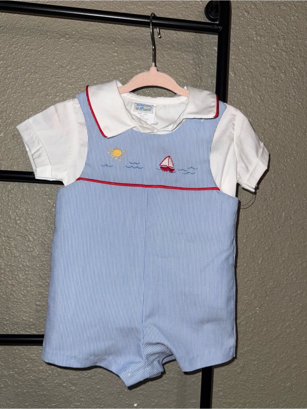 Vintage Nursery Rhyme Nautical Sailboat Shortall Romper Set 12M Made in USA